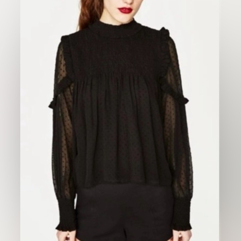 Zara Trafaluc Collection Plumetis Black Sheer Blouse ruffled sheer smocking lg